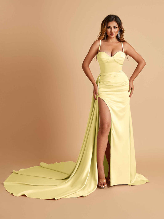 Sexy Satin Sheath Bridesmaid Dresses Spaghetti Straps Sweetheart Side Slit With Train