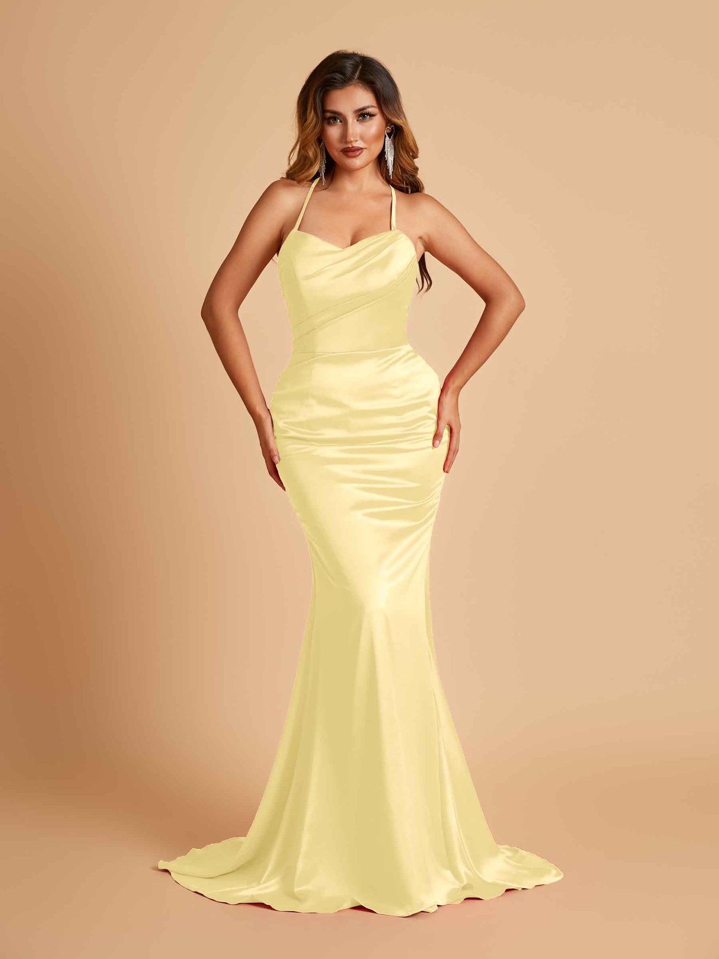 Sexy Satin Mermaid Bridesmaid Dresses Spaghetti Straps Scoop Criss-cross Back