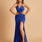 Sexy Jersey Mermaid Open Back Prom Dresses Spaghetti Straps V-neck Side Slit Floor Length