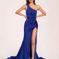 Jersey One-shoulder Prom Dresses Open Back Pleats Side-Slit With Train Long
