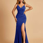Jersey Mermaid Bridesmaid Dresses Spaghetti Straps V-neck Side Slit Pleats Floor Length