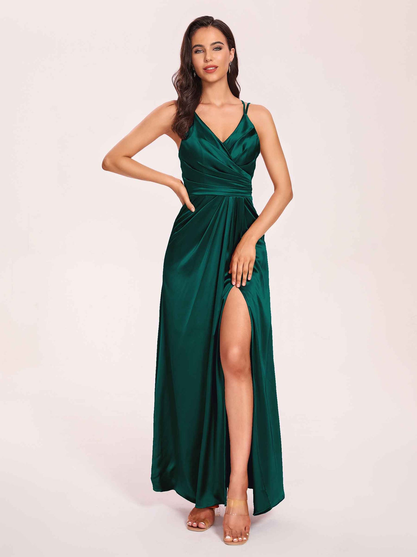 Sexy Satin A-line Bridesmaid Dresses Spaghetti Straps Side Slit V-neck Floor Length