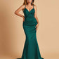 Satin Mermaid V-neck Prom Dresses Spaghetti Straps Floor Length