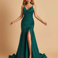 Sexy Satin Mermaid Open Back Prom Dresses Spaghetti Straps V-neck Side Slit