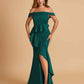 Satin Mermaid Off Shoulder Bridesmaid Dresses With Ruffles Side Slit Floor Length