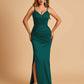 Satin Mermaid Long Bridesmaid Dresses Spaghetti Straps V-neck Side Slit Floor Length