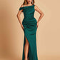 Unique Satin One Shoulder Bridesmaid Dresses Side Slit Half Open Back Floor Length