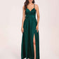 Satin Spaghetti Straps A-line Bridesmaid Dresses Side Slit Floor Length