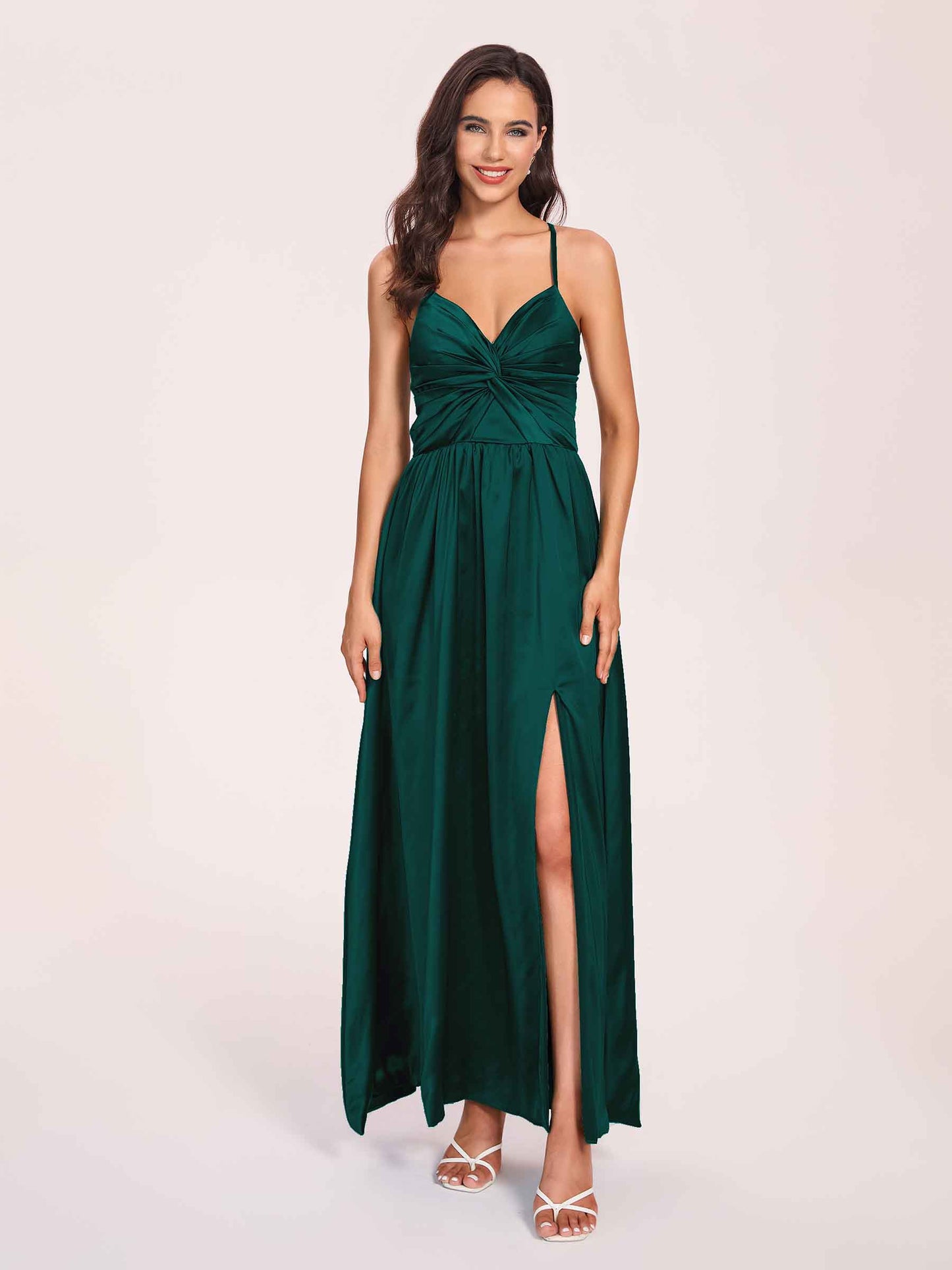 Satin Spaghetti Straps A-line Bridesmaid Dresses Side Slit Floor Length