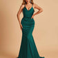Sexy Satin Mermaid Prom Dresses Spaghetti Straps V-neck Pleats Floor Length