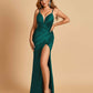 Sexy Satin Spaghetti Straps Prom Dresses V-neck Side Slit Pleats Floor Length Sheath