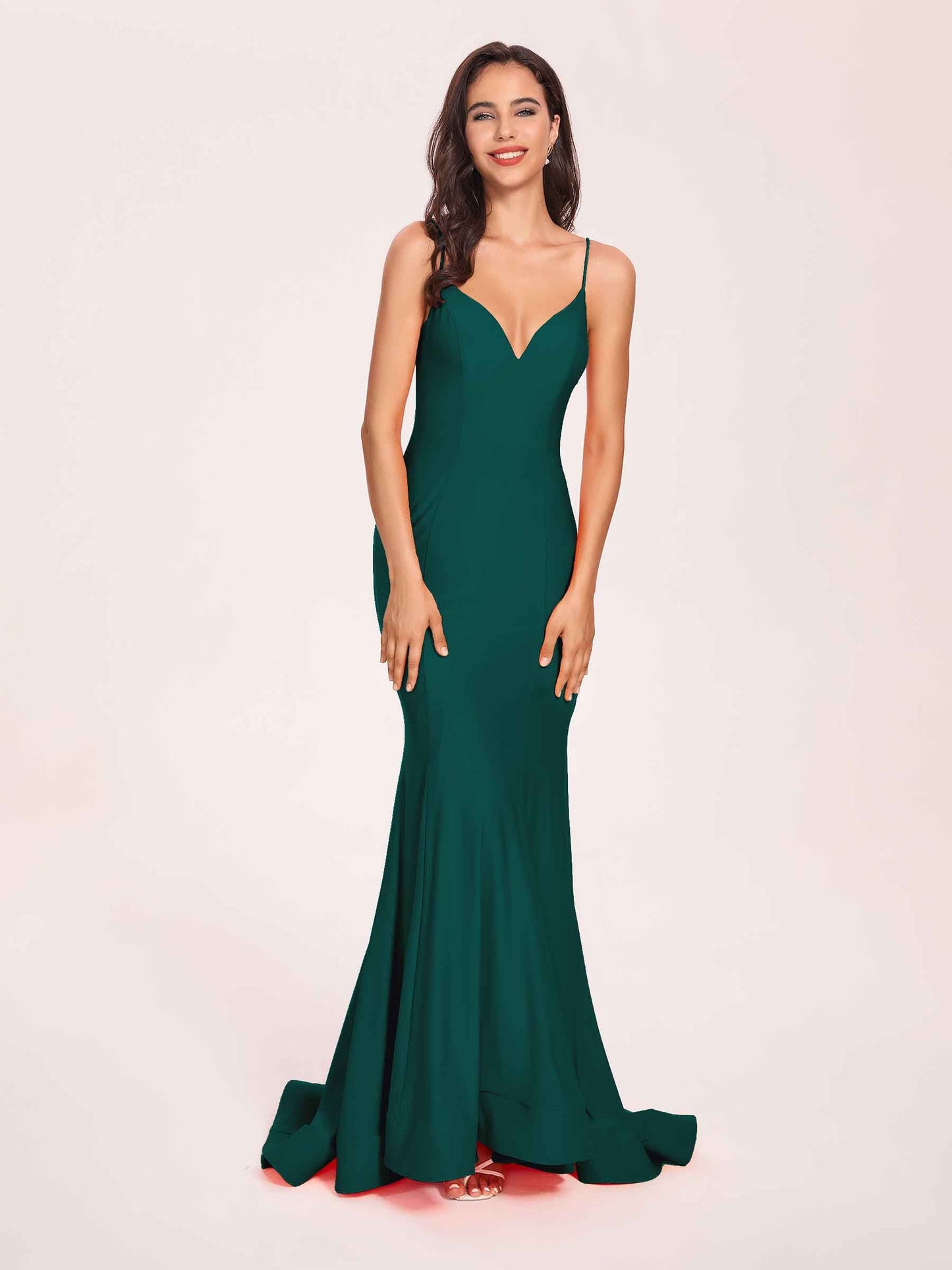 Sexy Satin Mermaid Prom Dresses Spaghetti Straps V-neck Floor Length Lace-up Back