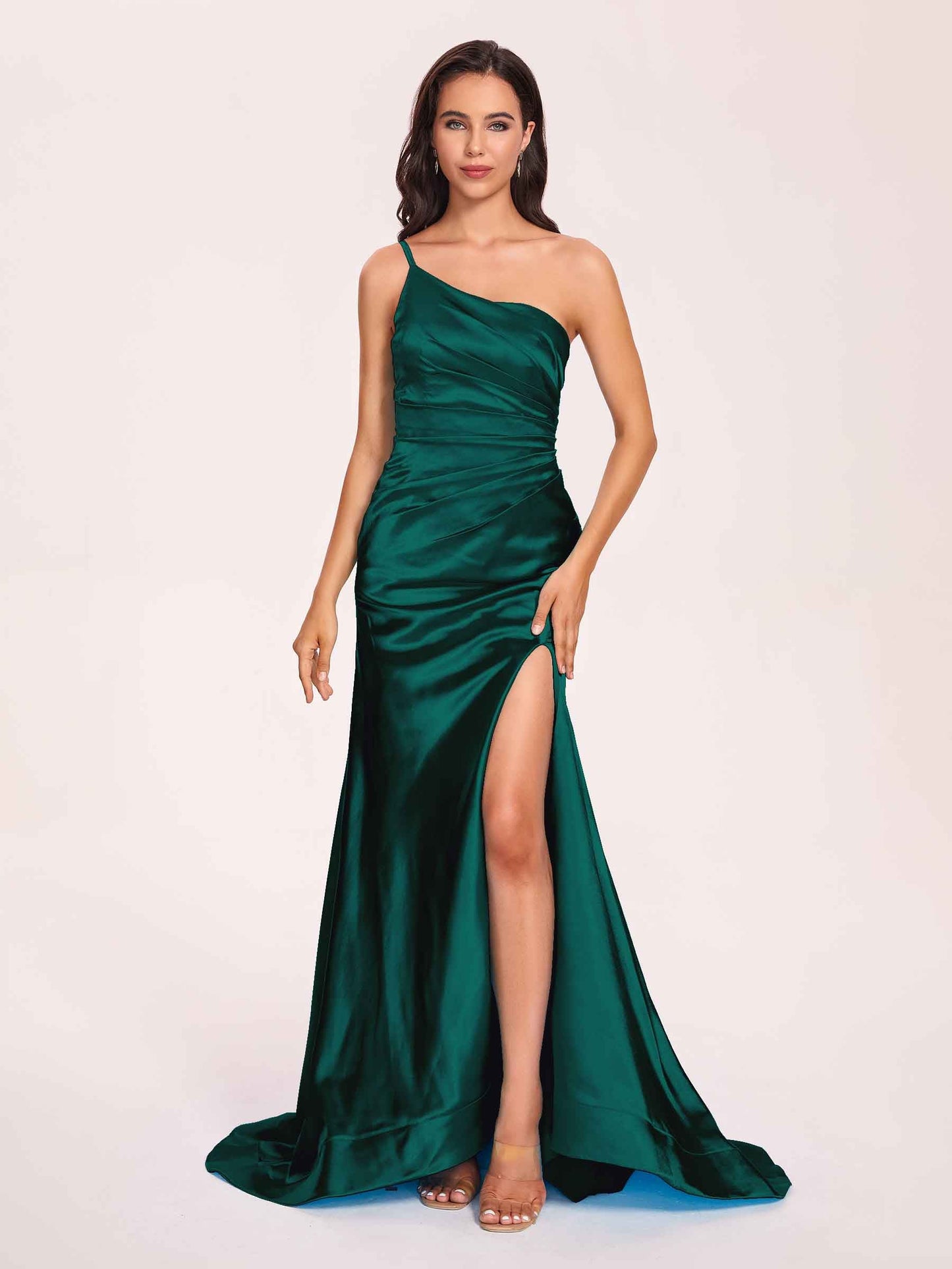 Satin One-shoulder Mermaid Prom Dresses Side Slit Pleats Floor Length