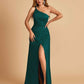 Satin One Shoulder Sheath Prom Dresses Spaghetti Straps Side Slit Floor Length
