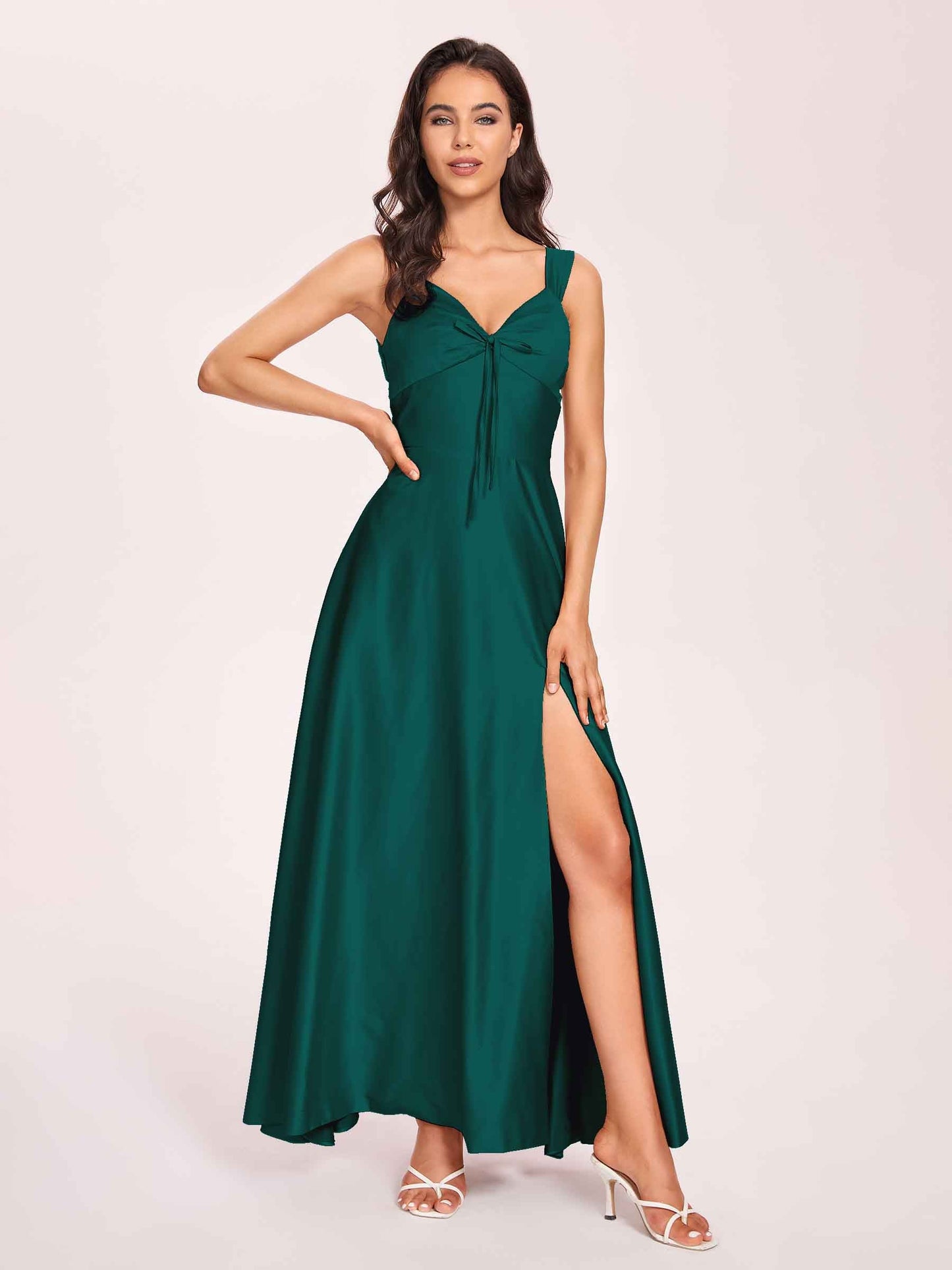 Satin V-neck A-line Prom Dresses Side slit Floor Length
