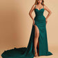 Sexy Satin Sheath Prom Dresses Spaghetti Straps Sweetheart Side Slit With Train