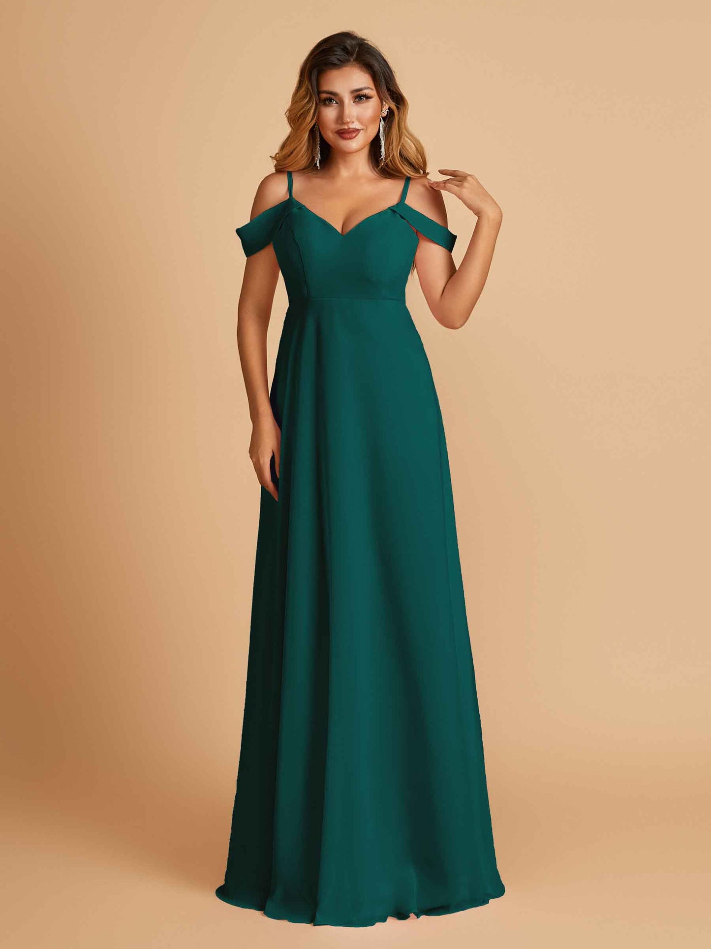 Chiffon Off-shoulder Long Bridesmaid Dresses V-neck Floor Length A-line
