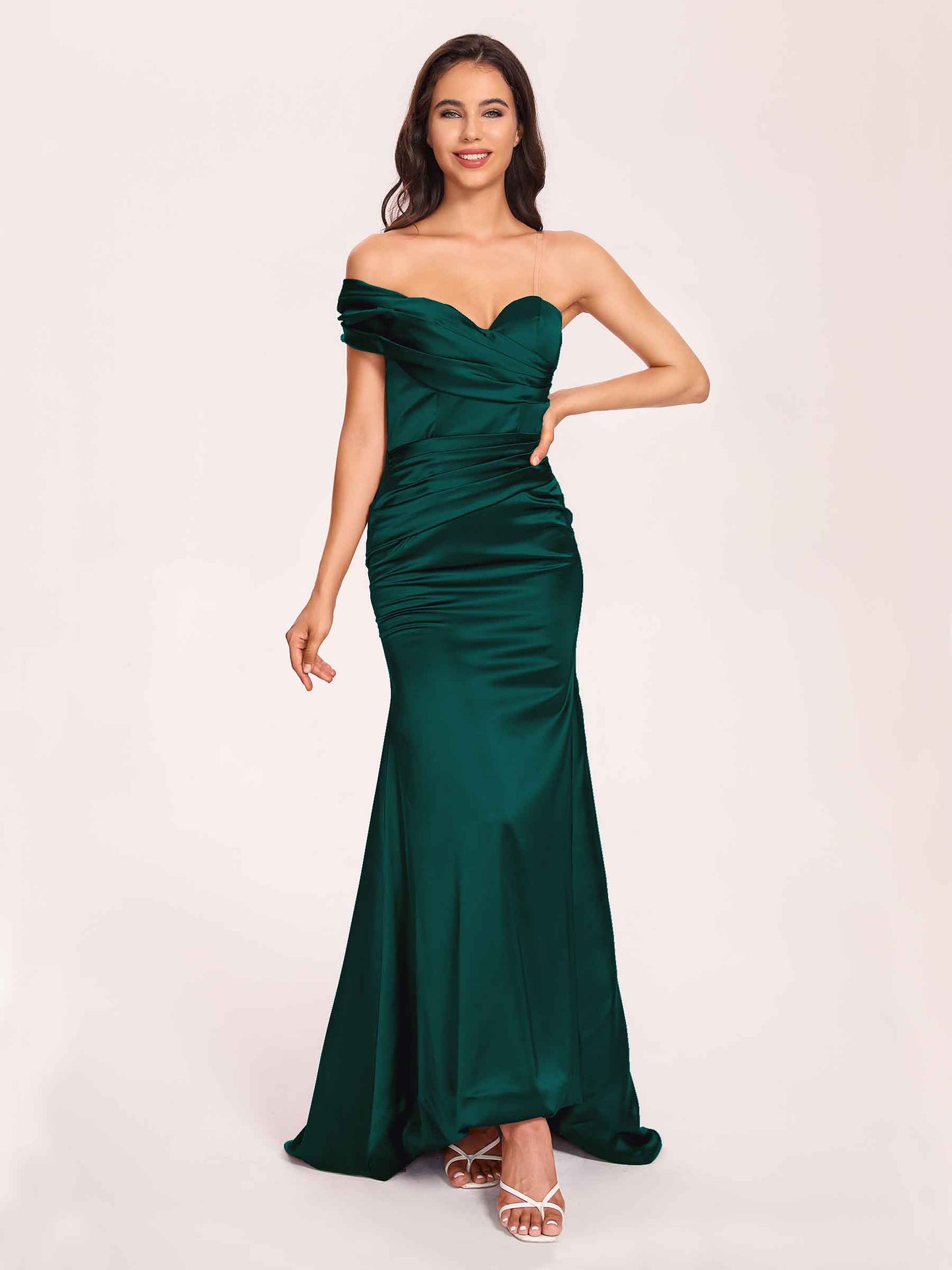 Satin One-shoulder Bridesmaid Dresses Pleats Floor Length Mermaid Long