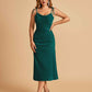 Sexy Satin Midi Bridesmaid Dresses Spaghetti Straps Slip Scoop Side Slit