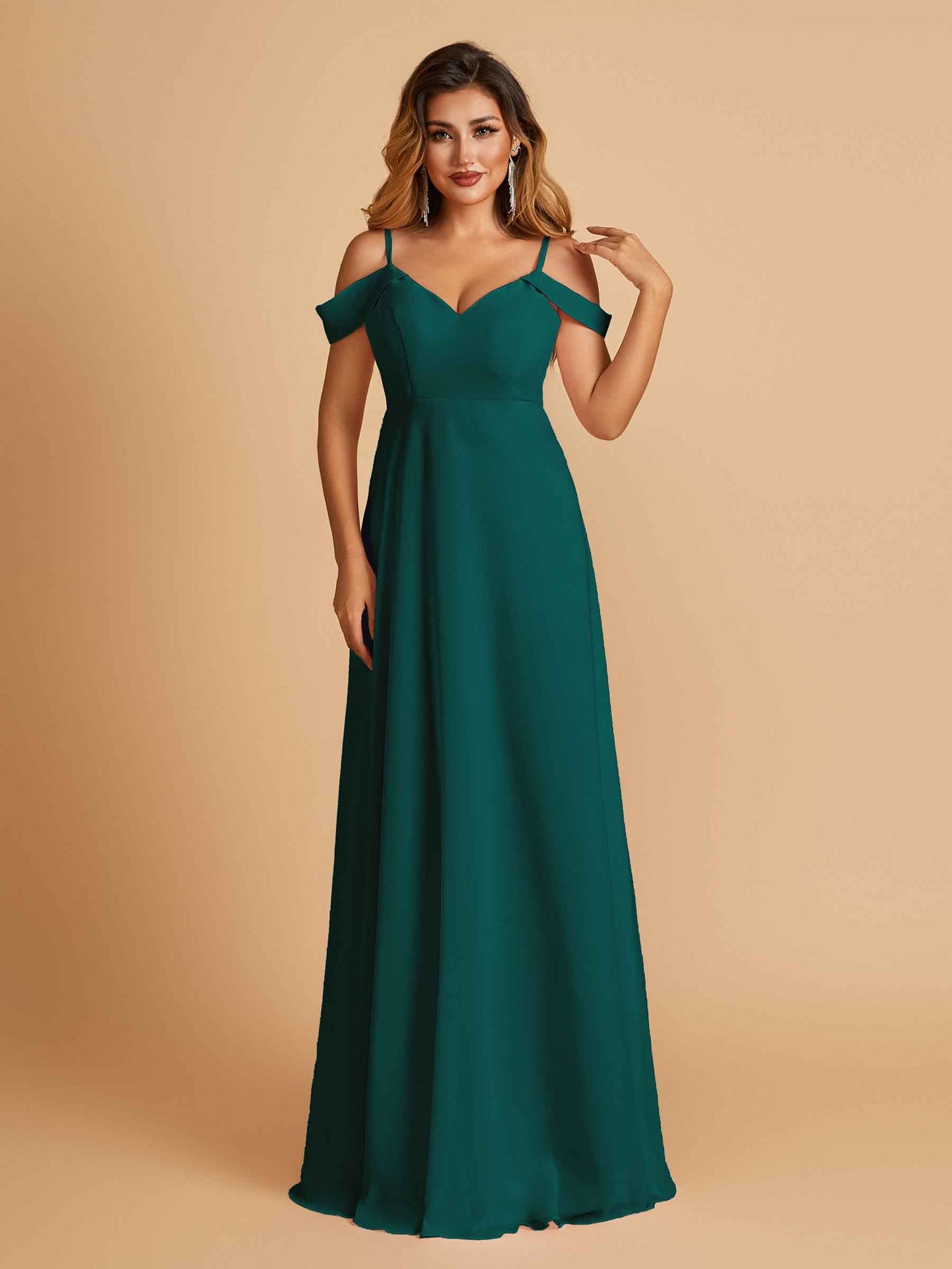 Chiffon Off-shoulder Long Prom Dresses V-neck Floor Length A-line