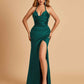 Sexy Satin Halter Straps Sheath Prom Dresses Side Slit Pleats Floor Length