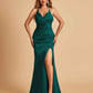 Sexy Satin Mermaid Long Prom Dresses Spaghetti Straps Sweetheart Side Slit Criss-cross Back