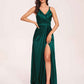Sexy Satin A-line Prom Dresses Spaghetti Straps Side Slit V-neck Floor Length