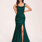 Sexy Satin Square Mermaid Bridesmaid Dresses Pleats Side-Slit Floor-Length Sleeveless