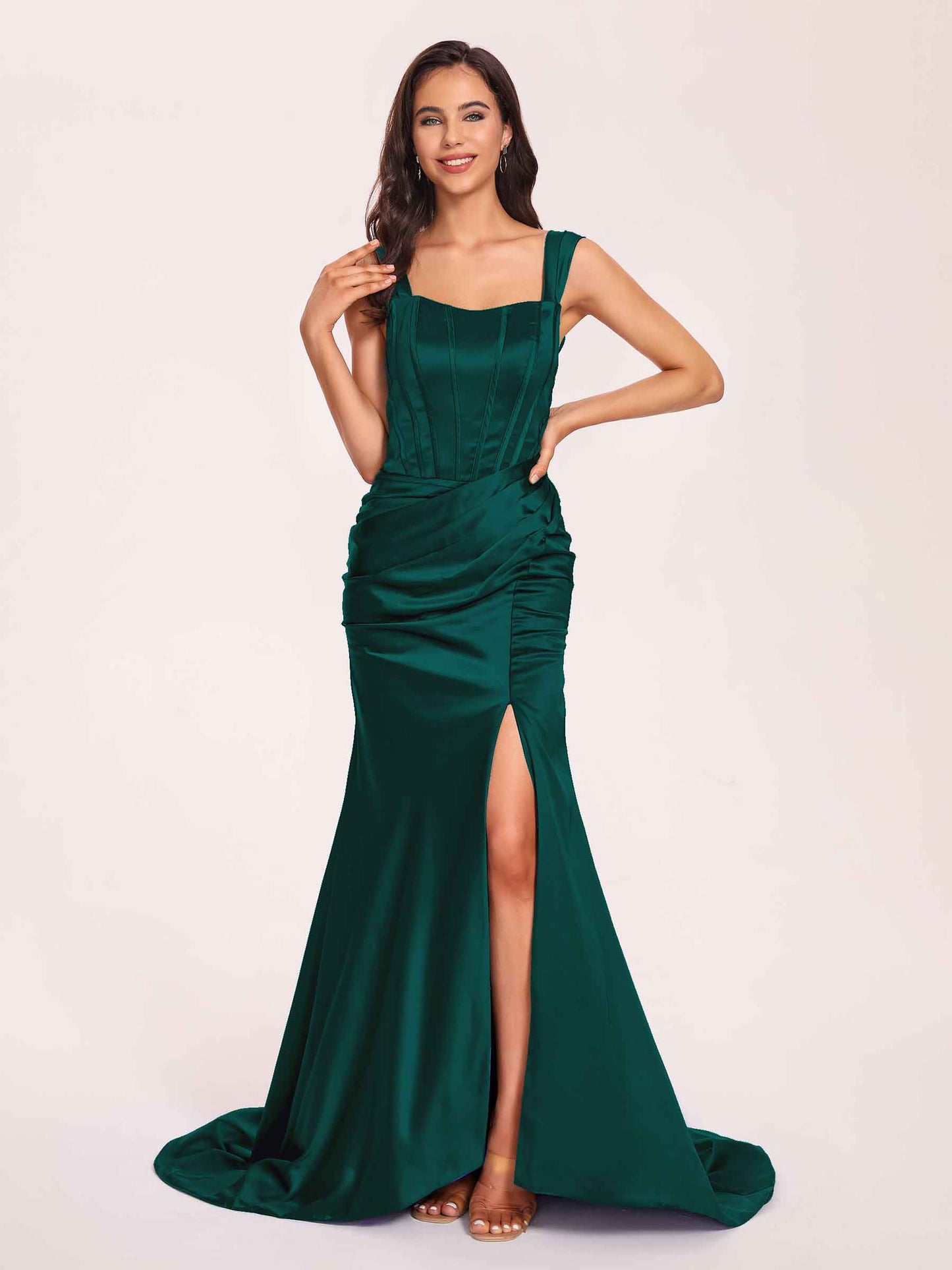 Sexy Satin Square Mermaid Bridesmaid Dresses Pleats Side-Slit Floor-Length Sleeveless