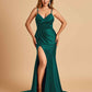 Satin Mermaid V-neck Prom Dresses Spaghetti Straps Side Slit Floor Length