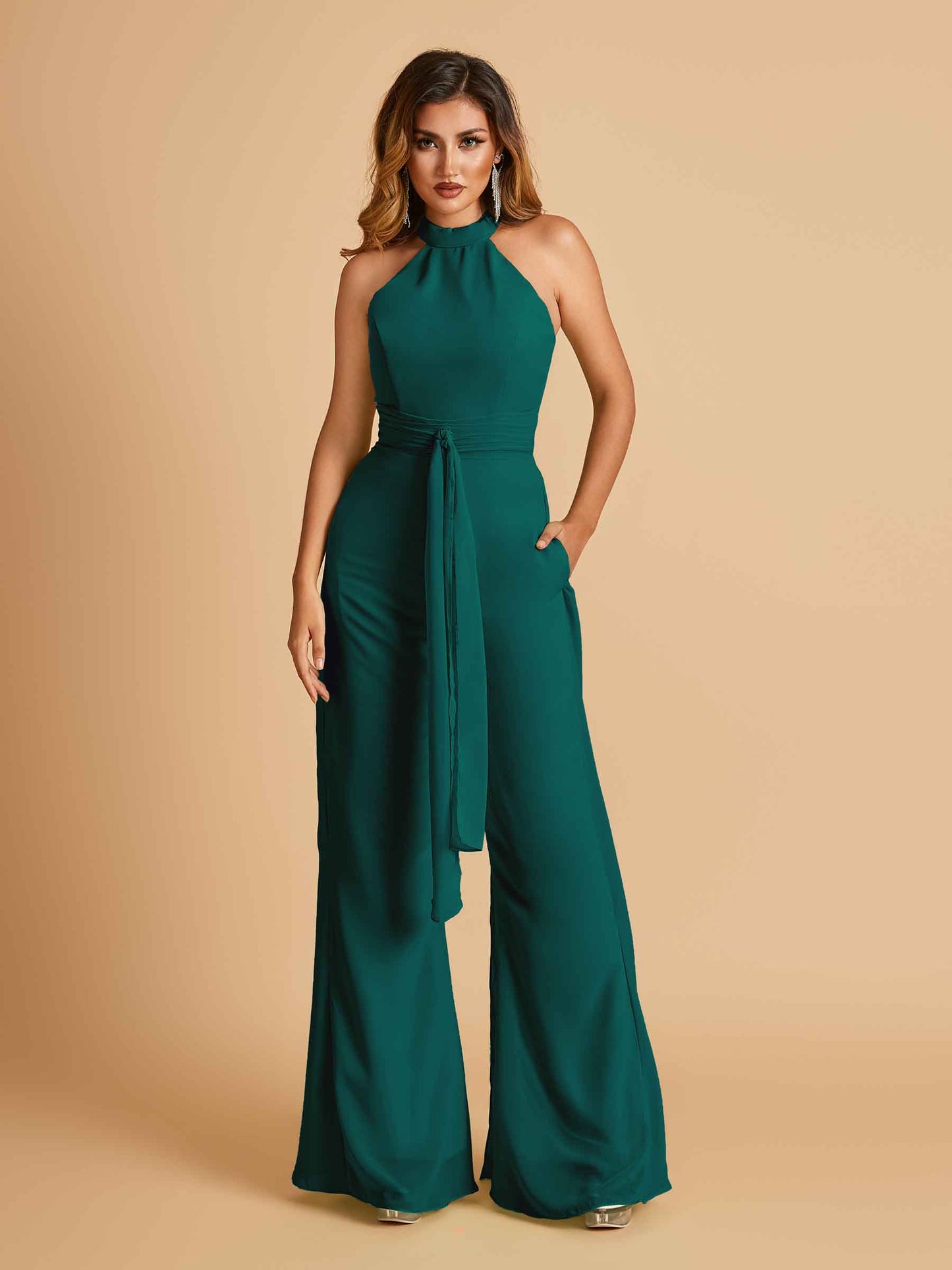 Chiffon Bridesmaid Jumpsuit Jewel Neck Sleeveless Floor Length With Pockets