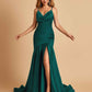 Sexy Satin Mermaid Open Back Bridesmaid Dresses Spaghetti Straps V-neck Side Slit