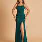 Satin Mermaid Long Prom Dresses Spaghetti Straps Scoop Side Slit Criss-cross Back