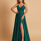 Satin A-line Long Prom Dresses Spaghetti Straps V-neck Side Slit Floor Length