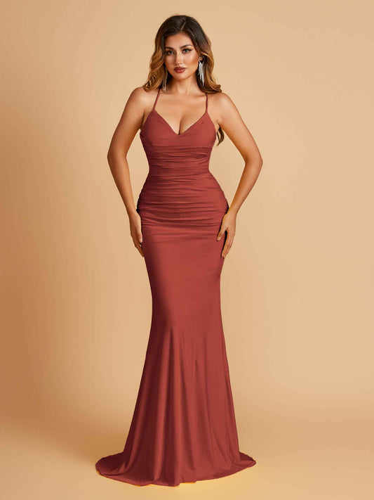 Sexy Jersey Spaghetti Straps Bridesmaid Dresses V-neck Mermaid Criss-cross Back Floor Length