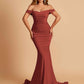 Jersey Mermaid Prom Dresses Off Shoulder Sweetheart Pleats Floor Length