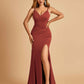 Jersey Mermaid Bridesmaid Dresses Spaghetti Straps V-neck Side Slit Pleats Floor Length