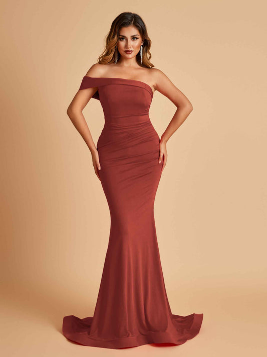 Sexy Jersey One Shoulder Bridesmaid Dresses Mermaid Pleats Floor Length Unique