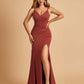 Jersey Mermaid Prom Dresses Spaghetti Straps V-neck Side Slit Pleats Floor Length