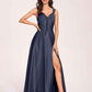 Satin V-neck A-line Prom Dresses Side slit Floor Length