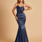Satin Mermaid Open Back Prom Dresses Spaghetti Straps Scoop Floor Length