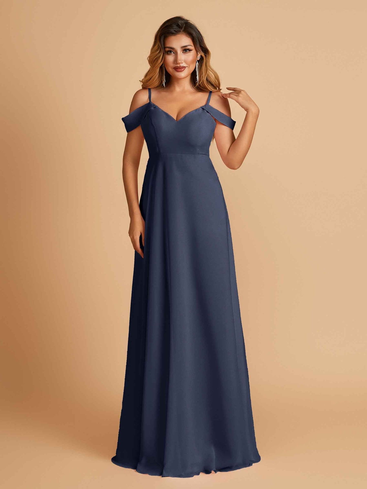 Chiffon Off-shoulder Long Bridesmaid Dresses V-neck Floor Length A-line For Sale