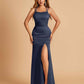 Satin Mermaid Long Bridesmaid Dresses Spaghetti Straps Scoop Side Slit Criss-cross Back