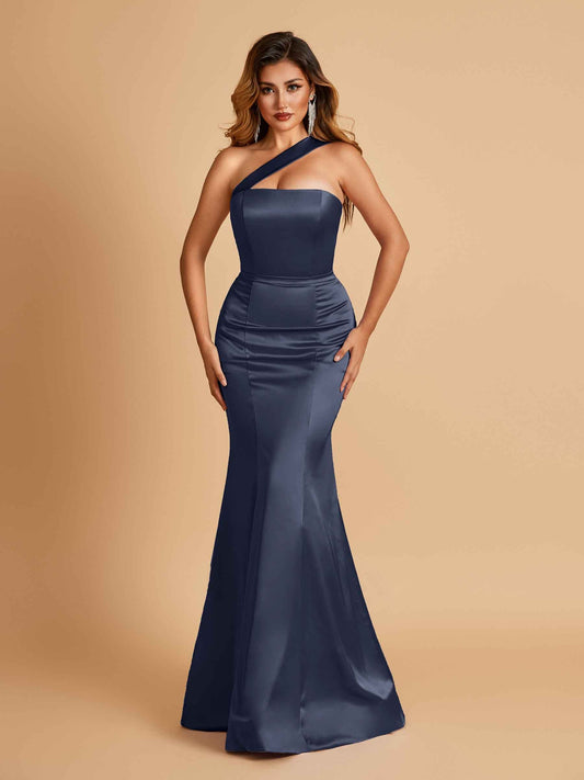 Sexy Satin Mermaid Prom Dresses One Shoulder Floor Length