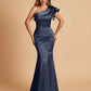 Satin One-shoulder Bridesmaid Dresses Ruffle Sleeves Mermaid Floor Length For Sale