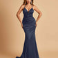 Satin Mermaid Open-back Prom Dresses Spaghetti Straps V-neck With Pleats Floor Length
