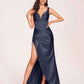 Satin Spaghetti Straps Corset Bridesmaid Dresses Pleats Side-Slit Sheath Floor Length
