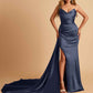 Sexy Satin Sheath Bridesmaid Dresses Strapless Sweetheart Side Slit With Train