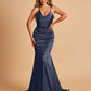 Sexy Satin Mermaid Prom Dresses Spaghetti Straps V-neck Pleats Floor Length
