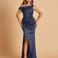 Unique Satin One Shoulder Prom Dresses Side Slit Half Open Back Floor Length